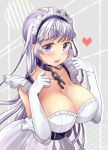  1girl apron azur_lane bangs belfast_(azur_lane) blush breasts chains cleavage collar collarbone eyebrows_visible_through_hair frilled_apron frilled_gloves frills gloves heart highres large_breasts long_hair looking_at_viewer maid maid_apron maid_headdress mozzarella open_mouth silver_hair solo tears violet_eyes waist_apron white_apron white_gloves 