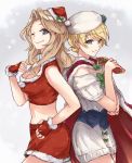  2girls back-to-back blonde_hair blue_eyes bow cape commentary darjeeling dress fingerless_gloves fur-trimmed_cape fur-trimmed_gloves fur-trimmed_skirt fur_trim gift girls_und_panzer gloves green_bow hand_on_hip hand_on_own_chest hat kay_(girls_und_panzer) long_hair midriff mini_hat multiple_girls off-shoulder_dress off_shoulder one_eye_closed puffy_short_sleeves puffy_sleeves red_cape red_gloves red_hat red_skirt santa_costume santa_hat short_sleeves simple_background skirt sleeveless smile snowflakes white_dress white_hat yuuyu_(777) 