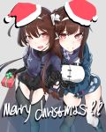  2girls asymmetrical_legwear brown_hair creator_connection english_text gift girls_frontline gloves hand_holding hat highres js_9_(girls_frontline) kongthegrain merry_christmas multiple_girls prosthesis prosthetic_arm santa_hat thigh-highs thigh_strap type_79_(girls_frontline) typo violet_eyes 