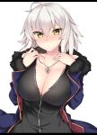  1girl absurdres ahoge bangs bare_shoulders black_shirt blush breasts cleavage closed_mouth collarbone embarrassed eyebrows_visible_through_hair fate/grand_order fate_(series) fleur_de_lis frown fur-trimmed_jacket fur-trimmed_sleeves fur_trim hair_between_eyes hands_up haruyuki_(yukichasoba) highres jacket jeanne_d&#039;arc_(alter)_(fate) jeanne_d&#039;arc_(fate)_(all) jewelry large_breasts letterboxed long_sleeves necklace open_clothes open_jacket shirt short_hair silver_hair simple_background sleeveless sleeveless_shirt solo standing upper_body v-shaped_eyebrows white_background wing_collar yellow_eyes 