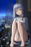  1girl :o ass bangs bare_legs barefoot blue_sky blurry blush breasts building city cityscape collared_shirt cup depth_of_field dress_shirt evening eyebrows_visible_through_hair head_tilt highres holding holding_cup indoors knees_up long_hair long_sleeves looking_at_viewer medium_breasts mug no_pants original panties parted_lips reflection reinama shirt sidelocks silver_hair sitting sky sleeves_past_wrists solo steam thighs toes underwear very_long_hair white_panties white_shirt yellow_eyes 