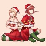  2girls ;d absurdres artist_name bare_arms bare_shoulders blonde_hair brown_hair capelet christmas christmas_lights commentary dress english_commentary fur-trimmed_capelet fur_trim green_eyes green_legwear hair_bobbles hair_ornament hat highres ibarazaki_emi katawa_shoujo kneehighs limach-an long_hair looking_at_viewer low_twintails mouth_hold multiple_girls no_shoes one_eye_closed open_mouth party_whistle pom_pom_(clothes) red_capelet red_dress santa_costume santa_hat short_hair simple_background sitting smile strapless strapless_dress striped striped_legwear tezuka_rin thigh-highs twintails 