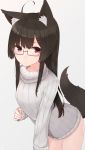  1girl absurdres ahoge animal_ear_fluff animal_ears bangs blush brown_hair eyebrows_visible_through_hair fox_ears fox_tail glasses grey-framed_eyewear grey_background hair_ornament hair_ribbon hairclip highres long_sleeves looking_at_viewer original red_eyes red_ribbon ribbed_sweater ribbon semi-rimless_eyewear simple_background solo sweater tail turtleneck turtleneck_sweater under-rim_eyewear white_sweater yukichi_(sukiyaki39) 