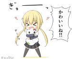  &gt;_&lt; 1girl 1other black_legwear blonde_hair blue_jacket chibi closed_eyes commentary_request full_body goma_(yoku_yatta_hou_jane) hug jacket kantai_collection long_hair long_sleeves low_twintails miss_cloud open_mouth remodel_(kantai_collection) satsuki_(kantai_collection) simple_background smile standing thigh-highs translation_request twintails twitter_username white_background 