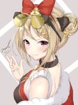  1girl alternate_costume bangs blush breasts choker dated double_bun eyewear_on_head from_side fur_trim girls_frontline hair_ornament hairband hand_up jacket looking_at_viewer medium_breasts off_shoulder p90_(girls_frontline) red_eyes signature smile solo sunglasses twitter_username unel 