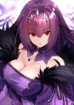  1girl :o bangs bare_shoulders breasts cleavage collarbone commentary_request crystal dress eyebrows_visible_through_hair eyelashes fate/grand_order fate_(series) fur_trim hair_between_eyes hair_ribbon highres jewelry large_breasts long_hair long_sleeves looking_at_viewer necklace ninoude_(ninoude44) purple_dress purple_hair red_eyes ribbon scathach_(fate)_(all) scathach_skadi_(fate/grand_order) solo tiara upper_body 