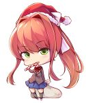  1girl blush bow candy candy_cane chibi doki_doki_literature_club food green_eyes hat long_hair long_sleeves maullarmaullar monika_(doki_doki_literature_club) pleated_skirt ponytail sack santa_hat school_uniform skirt white_bow 