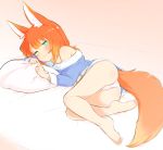  1girl animal_ear_fluff animal_ears ass bare_legs barefoot belt bright_pupils done_(donezumi) expressionless feet fox_ears fox_girl fox_tail full_body green_eyes half-closed_eyes heterochromia long_sleeves looking_at_viewer lying medium_hair off_shoulder on_side orange_hair original panties pantyshot pantyshot_(lying) pillow pillow_grab sleepy soles sweater tail toes underwear waking_up white_panties yellow_eyes 