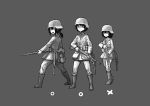  3girls ammunition_pouch boots erica_(naze1940) grey_background greyscale gun helmet holding holding_gun holding_weapon jacket long_sleeves military military_uniform monochrome multiple_girls original pants pouch rifle short_hair simple_background soldier standing uniform walking weapon world_war_ii 