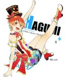  1girl :d back_bow bang_dream! black_hat boots bow bowtie breasts brown_eyes character_name cleavage eyebrows_visible_through_hair group_name hair_between_eyes hat hat_bow headwear_writing high_heel_boots high_heels kitazawa_hagumi leg_up looking_at_viewer open_mouth orange_hair polka_dot_neckwear pom_pom_(clothes) print_hat raised_fist red_bow red_neckwear see-through shi_noyuki short_hair shorts shorts_under_skirt sitting small_breasts smile smiley_face solo top_hat twitter_username upper_teeth white_background 