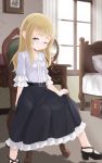  1girl bed bedroom belt black_footwear black_skirt blonde_hair blue_eyes chair highres hoono_yurumu long_hair mirror one_eye_closed original shirt shoes sitting skirt smile solo suitcase white_shirt window 