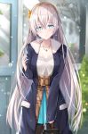  1girl anastasia_(fate/grand_order) aqua_skirt bag bangs blouse blue_coat blue_eyes blurry blush bokeh breasts casual cleavage coat collarbone day depth_of_field earrings eyebrows_visible_through_hair fate/grand_order fate_(series) fur-trimmed_coat fur_trim hair_between_eyes hairband hand_up head_tilt high-waist_skirt highres holding holding_bag jewelry long_coat long_hair long_sleeves looking_at_viewer medium_breasts necklace orange_hairband outdoors parted_lips pocket rin_yuu sidelocks silver_hair skirt solo turquoise_(stone) very_long_hair white_blouse 