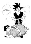  1boy 1girl :d black_eyes black_hair commentary dougi dragon_ball dragonball_z english_commentary english_text fingernails flying_nimbus full_body gift grandfather_and_granddaughter greyscale hand_on_hip happy highres kneeling long_sleeves looking_down looking_up monochrome open_mouth pan_(dragon_ball) profile ribbon seiza short_hair simple_background sitting smile son_gokuu speech_bubble spiky_hair standing white_background wristband 