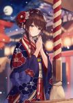  1girl bangs bare_tree blurry blurry_background blush brown_eyes brown_hair closed_mouth commentary_request depth_of_field eyebrows_visible_through_hair floral_print flower full_moon hair_bun hair_flower hair_ornament hands_together hands_up haori head_tilt highres japanese_clothes kanzashi kimono light_particles long_hair long_sleeves looking_at_viewer moon nail_polish necomi night night_sky obi original outdoors print_kimono red_flower red_kimono red_nails sash sidelocks sky smile solo torii tree upper_body white_flower wide_sleeves 