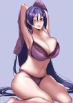  1girl ;d absurdres armpits barefoot blush bra breasts cleavage fate/grand_order fate_(series) grin highres knatb large_breasts long_hair minamoto_no_raikou_(fate/grand_order) navel one_eye_closed open_mouth panties purple_bra purple_hair purple_panties sitting sketch smile solo sweater underwear underwear_only very_long_hair violet_eyes wariza 
