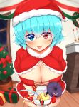  1girl :p blue_eyes blue_hair blurry blurry_background blush bow box breasts candle capelet christmas_ornaments christmas_tree colored_eyelashes commentary_request confetti cowboy_shot cross-laced_bikini_top cross-laced_clothes depth_of_field fireplace gift gift_box gloves hat heterochromia highres huge_breasts indoors leaning_forward looking_at_viewer miniskirt pleated_skirt purple_umbrella red_bikini_top red_bow red_capelet red_eyes red_gloves red_skirt santa_hat short_hair skirt smile solo standing streamers tatara_kogasa thigh-highs thighs tokoya_(ex-hetare) tongue tongue_out touhou white_legwear window wooden_floor wreath zettai_ryouiki 