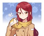  1girl adjusting_scarf blush breath brown_coat ceph_(greatyazawa1819) coat commentary double-breasted hair_ornament hairclip half_updo highres long_hair long_sleeves looking_at_viewer love_live! love_live!_sunshine!! redhead sakurauchi_riko scarf snowflake_background snowing solo symbol_commentary upper_body yellow_eyes yellow_scarf 