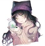  1girl artist_name black_hair blake_belladonna blush christmas ecru english_text eyebrows_visible_through_hair happy_holidays rwby smile snow_globe solo sweater white_background woollen_cap yellow_eyes 