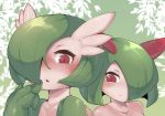  2girls blush closed_mouth commentary_request fewer_digits gardevoir gen_3_pokemon green_hair hair_over_one_eye hand_up kirlia looking_at_viewer multiple_girls one_eye_covered parted_lips red_eyes 