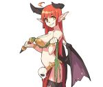  1girl ahoge bangs black_legwear bracelet breasts cleavage cowboy_shot demon_girl demon_horns demon_wings earrings from_side grin holding horns jewelry large_breasts long_hair long_pointy_ears looking_at_viewer looking_to_the_side low_wings original pelvic_curtain pointy_ears redhead sharp_teeth simple_background smile solo succubus teeth thigh-highs vins-mousseux whip white_background wings yellow_eyes 