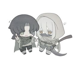  &gt;_o 2boys ;3 bandaged_leg bandages belt black_belt black_cape black_footwear black_hair black_pants brown_eyes cape chibi chibi_only chinese_commentary commentary_request curtained_hair green_eyes grey_cape grey_hair grey_pants grey_shirt holding holding_scythe hood hood_up hooded_cape long_sleeves male_focus mask medium_hair mortarion mouth_mask multiple_boys one_eye_closed open_mouth pants parted_bangs scythe shirt simple_background smile squiggle tareme typhus_(warhammer) v v-shaped_eyebrows warhammer_40k white_background yigeweiren607 