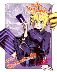  1girl black_thighhighs blonde_hair blush breasts card commentary_request digimon digimon_card_game digimon_liberator dress drill_hair fukunari_kanchi ghostmon green_eyes highres holding holding_card large_breasts long_hair purple_dress purple_hair purple_thighhighs release_celebration signature solo_focus thigh-highs translated twin_drills twintails two-tone_thighhighs violet_inboots 