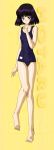  barefoot bishoujo_senshi_sailor_moon black_hair blue_swimsuit blush bob_cut feet hino_ryutaro one-piece_swimsuit purple_eyes purple_hair school_swimsuit short_hair swimsuit tomoe_hotaru violet_eyes yellow_background 