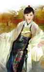 black_hair dezhen hair_ornament highres japanese_clothes kimono long_sleeves realistic smile 