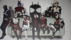  6+boys absurdres armor camera couch highres holding holding_camera kadoya_tsukasa kamen_rider kamen_rider_555 kamen_rider_agito kamen_rider_agito_(series) kamen_rider_blade kamen_rider_blade_(series) kamen_rider_dcd kamen_rider_decade kamen_rider_den-o kamen_rider_den-o_(series) kamen_rider_faiz kamen_rider_hibiki kamen_rider_hibiki_(series) kamen_rider_kabuto kamen_rider_kabuto_(series) kamen_rider_kiva kamen_rider_kiva_(series) kamen_rider_kuuga kamen_rider_kuuga_(series) kamen_rider_ryuki kamen_rider_ryuki_(series) male_focus multiple_boys sch1z0_dipshit silhouette sitting 