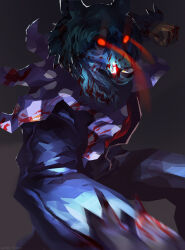  1boy angry animal_ears ascot black_background black_jacket black_pants blood blood_on_hands blood_on_mask dog_nose english_commentary furry furry_male gaeree glowing glowing_eyes incoming_attack jacket leather leather_jacket lisa_(series) lisa_the_joyful looking_at_viewer male_focus pants polka_dot punching red_ascot red_eyes rpg_maker tumblr_username wolf_ears wolf_mask 