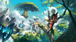  1boy above_clouds ahoge architecture backpack bag bird blue_hair blue_sky building clouds cloudy_sky commentary dappled_sunlight day fairy falling_leaves fingerless_gloves floating_island flock forest giant_tree gloves glowing grass green_socks highres holding holding_paper karst leaf mesoamerican_architecture nature original outdoors paper path pink_vest pyramid_(structure) scenery shoes short_hair sky socks solo sparkle standing_on_branch sunlight too_many too_many_birds tree two-tone_shorts vest village water waterfall yoshida_seiji 