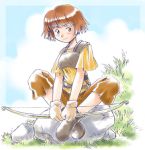  boots bow_(weapon) brown_eyes brown_hair cloud clouds crossed_legs dorothy_(fire_emblem) fire_emblem fire_emblem:_fuuin_no_tsurugi fire_emblem_fuuin_no_tsurugi grass indian_style legs_crossed lowres mizuna_tomomi rock short_hair sitting sky weapon 