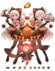  2girls :d absurdres black_gloves black_hat black_pantyhose black_skirt bow capelet charlotte_(madoka_magica) cheese chinese_commentary commentary_request dual_persona elbow_gloves fingerless_gloves food fur-trimmed_capelet fur_trim gloves hat highres holding holding_megaphone long_hair madoka_runes magical_girl mahou_shoujo_madoka_magica mahou_shoujo_madoka_magica:_hangyaku_no_monogatari megaphone momoe_nagisa momoe_nagisa_(magical_girl) multiple_girls open_mouth orange_eyes pantyhose polka_dot_pantyhose pom_pom_(clothes) red_bow red_capelet serving_dome skirt smile tie_fei_wu_mang_dashuai two_side_up very_long_hair 