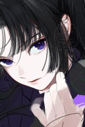  1boy aegyo_sal black_hair close-up closed_mouth expressionless hand_up head_tilt highres hime_cut kazari_tayu looking_at_viewer lower_eyelashes_only male_focus original parted_bangs ponytail straight_hair tsurime violet_eyes watermark 