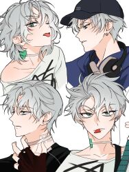  1boy alien_stage baseball_cap black_hat black_shirt blue_hoodie choker commentary ear_piercing earrings fingerless_gloves genderswap genderswap_(mtf) gloves green_eyes grey_hair guitar hand_on_own_neck hashtag-only_commentary hat headphones headphones_around_neck highres holding holding_guitar holding_instrument hood hoodie instrument jewelry mouth_hold multiple_views neck_tattoo nyugi0v0 official_alternate_costume one_eye_closed piercing plectrum plectrum_in_mouth red_gloves shirt short_hair tattoo till_(alien_stage) tongue tongue_out very_short_hair white_shirt 