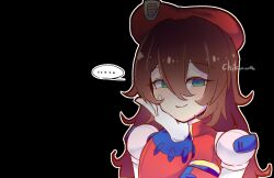  ... 1girl black_background blue_eyes brown_hair chikuwa_(kari) hand_on_own_face hat iris_(mega_man) long_hair mega_man_(series) mega_man_x_(series) red_hat simple_background solo speech_bubble upper_body 