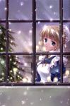  blue_eyes candle highres maid ribbon ribbons snow tree trees window 