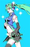  araki_hirohiko_(style) bare_shoulders cosplay detached_sleeves green_eyes green_hair hatsune_miku jojo&#039;s_bizarre_adventure jojo_no_kimyou_na_bouken kujo_jolyne kuujou_jolyne lips lipstick midriff navel necktie parody purple_lipstick skirt sleeveless solo sparkle sparkles style_parody thigh-highs thighhighs twintails vocaloid 