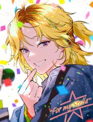  1boy blue_jacket blurry commentary_request confetti dappled_sunlight depth_of_field dispersion_(optics) finger_heart from_side grin half_updo hand_up highres hikage_toma idol jacket kazari_tayu looking_at_viewer male_focus medium_hair paradox_live parted_bangs short_ponytail signature simple_background smile sunlight teeth violet_eyes white_background wind 