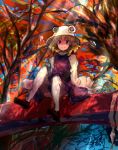  bad_id blonde_hair ddbb_(pixiv) eyes hat in_tree moriya_suwako ribbon short_hair sitting sitting_in_tree thighhighs touhou tree 