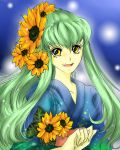  cc code_geass flower green_hair happy japanese_clothes kimono long_hair smile sunflower yellow_eyes 