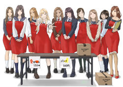  6+girls absurdres amazon_(company) ankle_socks apron artist_name bead_bracelet beads black_eyes black_footwear black_hair black_shirt black_socks blazer blonde_hair blue_eyes blue_jacket blue_necktie blue_sailor_collar blue_socks box bracelet brand_name_imitation brown_eyes brown_footwear brown_hair brown_jacket cardboard_box closed_mouth collared_shirt commentary_request commission dated double_v earrings fingernails folder folding_table full_body grin gyaru high_heels highres holding holding_folder jacket jewelry loafers long_fingernails long_hair long_sleeves looking_at_viewer loose_socks multiple_girls nail_polish necktie original own_hands_together parted_lips pixiv_commission ponytail pumps red_apron red_eyes red_footwear red_nails red_necktie sailor_collar school_uniform serafuku shirt shoes simple_background smile socks table translation_request v white_background white_shirt white_socks y.kami_nao/take 