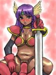  bikini_armor blush braid breasts cleavage cosplay dark_skin dragon_quest dragon_quest_iii faris_scherwiz final_fantasy final_fantasy_v gloves head_wings headwings hirita long_hair lowres purple_hair soldier_(dq3) solo spread_legs sword under_boob underboob weapon 