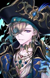 1boy absurdres anchor_earrings artist_name aventurine_(honkai:_star_rail) bicorne black_background black_hat blonde_hair blue_eyes blue_gemstone blue_skin collarbone colored_extremities colored_skin crossed_bangs earrings eyepatch gem glint gold_earrings gold_necklace gold_ring gold_trim green_gemstone hair_between_eyes hand_up hashtag-only_commentary hat hat_feather highres honkai:_star_rail honkai_(series) jewelry looking_at_viewer male_focus multicolored_eyes multicolored_skin multiple_rings necklace official_alternate_costume one_eye_covered parted_bangs parted_lips pirate_hat red_gemstone ring short_hair signature simple_background smile solo upper_body violet_eyes watermark yugonm222 