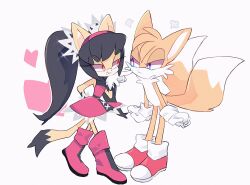  1boy 1girl :d animal_ears black_hair blue_eyes boots bright_pupils cat_ears cat_girl cat_tail dress fox_boy fox_ears fox_tail full_body furry furry_female furry_male gloves hairband highres honey_the_cat long_hair looking_at_another masayo_(skip) multiple_tails red_dress red_footwear red_hairband simple_background smile sonic_(series) sonic_the_hedgehog_(classic) standing tail tails_(sonic) twintails white_background white_gloves white_pupils 