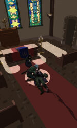  1girl 2boys black_shirt blood blood_on_clothes blood_on_face blood_on_ground blood_trail blue_hair brown_hair camus_(dq11) candle church commentary_request dragon_quest dragon_quest_xi green_pants green_tunic hand_on_own_chest hero_(dq11) implied_after_fight indoors jacket kamei_(yokoshima-ko) kneeling lying multiple_boys nun on_back on_floor open_clothes open_jacket own_hands_clasped own_hands_together pants pew praying red_carpet red_sash sash scabbard sheath shirt shoes single_shoe spiky_hair stained_glass torn_sleeve tunic 