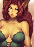  animal_ears bare_shoulders battle_circuit blue_eyes braid breasts bust capcom cat_ears cleavage collarbone fang humio large_breasts lips long_hair looking_at_viewer no_bra red_hair redhead simple_background single_braid solo wavy_hair yellow_beast yellow_skin 