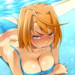  angry ass bikini blush breasts cleavage dimples_of_venus glaring hairu large_breasts lowres lying mai_hime my-hime on_stomach orange_hair purple_eyes short_hair solo swimsuit tokiha_mai tsundere violet_eyes wavy_mouth wet 