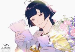  1boy antenna_hair backlighting black_hair black_shirt blunt_bangs bouquet character_request commentary_request copyright_request dappled_sunlight flower grey_jacket guest_art hands_up head_down hime_cut holding holding_bouquet holding_letter holding_paper hood hooded_jacket jacket kazari_tayu letter logo looking_at_object male_focus official_art open_clothes open_jacket paper pink_eyes pink_flower pink_rose purple_flower ribbon rose shirt simple_background smile sunlight tareme three_quarter_view white_background wolf_cut yellow_ribbon 