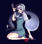  barefoot blue_eyes flower ghost higanbana hitodama katana kneeling konpaku_youmu konpaku_youmu_(ghost) mai_(pixiv) mai_(pixiv282116) myon ouka_mai ribbon ribbons sheath sheathed short_hair silver_hair smile spider_lily sword touhou unsheathing weapon 